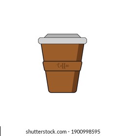 Realistic coffee cup layout with brown lid and cup holder. Front look. Isolated on white background. Vector illustration