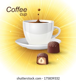 realistic coffee cup over bright golden background