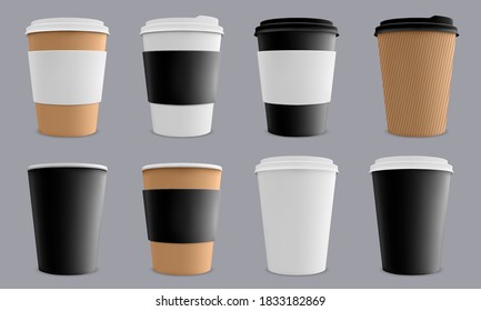 Realistic coffee cup. Paper cardboard coffee cups, cafe or restaurant 3d paper coffee disposable cups mockup isolated vector illustration set. Drink to go, blank mug for brand identity