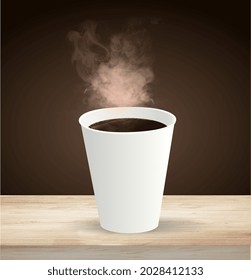 Realistic coffee cup. Paper cup with hot drink on wooden table. Transparent steam over coffee. Cappuccino, espresso. Image for menu of restaurant or cafe. 3D vector illustration on a brown background.