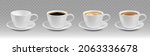Realistic coffee cup set with different color hot drink. Black coffee, cappuccino, espresso, macchiato, mocha side view.