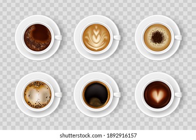 Realistic coffee cup set with different color hot drink. Coffee cup top. Hot milk espresso latte breakfast tea time