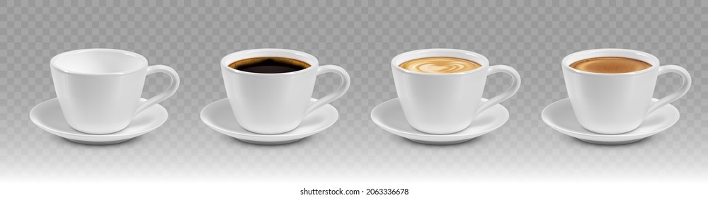 Café realista con diferentes colores de bebida caliente. Café negro, capuchino, espresso, macchiato, vista lateral de mocha.
