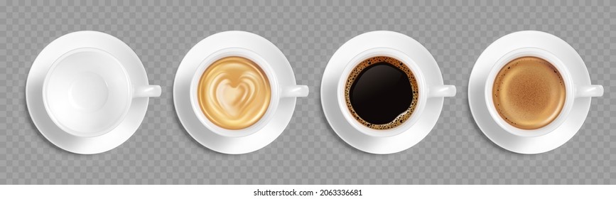 Realistic coffee cup set with different color hot drink. Black coffee, cappuccino, espresso, macchiato, mocha top view.