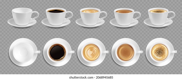 Realistic coffee cup set with different color hot drink. Black coffee, cappuccino, espresso, macchiato, mocha. Vector illustration.