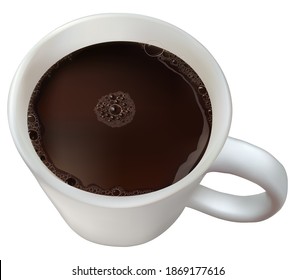 Copa de café realista. Chocolate caliente con espuma y bebida de desayuno aislada. Bebida de cacao espumoso en ilustración vectorial de la taza blanca