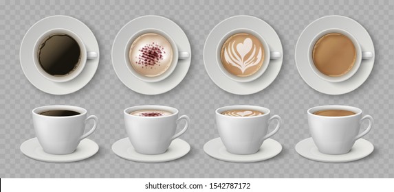 Realistic coffee cups. Espresso latte and cappuccino hot beverages, 3D mockup front and top views. Vector illustration isolated black coffee drink set on transparent background