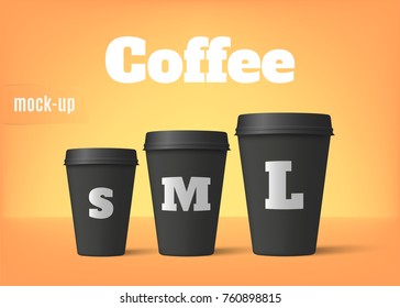 Realistic coffee cups isolated on a white background. Black paper cups mockup. Vector illustration