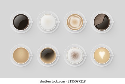 Realistic coffee cups top view collection vector illustration. Set caffeine hot beverage assortment menu with foam bubble and cinnamon isolated. Mug of americano, espresso, latte, cappuccino