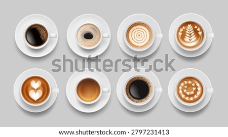 Realistic coffee cups vector set from top view. Collection of white ceramic coffee mugs with saucer, espresso, americano, and latte art isolated on grey background, 3d illustration.
