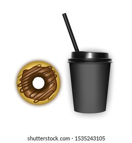 Realistic coffee and donut, Vector template coffee-cup with chocolete donut. on white background vector EPS 10 format