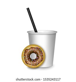 Realistic coffee and donut, Vector template coffee-cup with chocolete donut. on white background vector EPS 10 format
