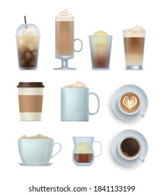 Realistic coffee drinks set. Aroma beverages in glass, ceramics, disposable mugs and cups various vector illustration isolated on white background