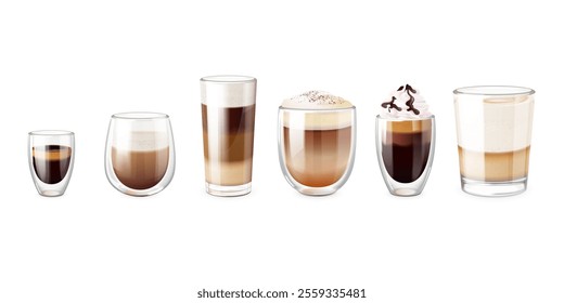 Realistic coffee glass cups. Irish coffe with cream foam or double espresso in glasses cup, macchiato milk latte hot ice morning breakfast drink, 3d set exact vector illustration original artwork