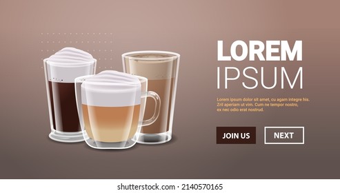 realistic coffee in glasses hot cocoa cappuccino and irish coffee drinks horizontal