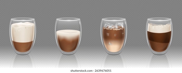 Realistic coffee glasses set - double wall thermo cups with cappuccino, latte, mocha and black espresso. Transparent mugs with foam milk, cocoa powder layers for cafe, restaurant menu design.