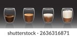 Realistic coffee glasses - transparent cups with hot drink of different types. Cappuccino and latte with foam top, strong espresso shot, creamy beverage surface. Brewing caffeinated liquid serving.
