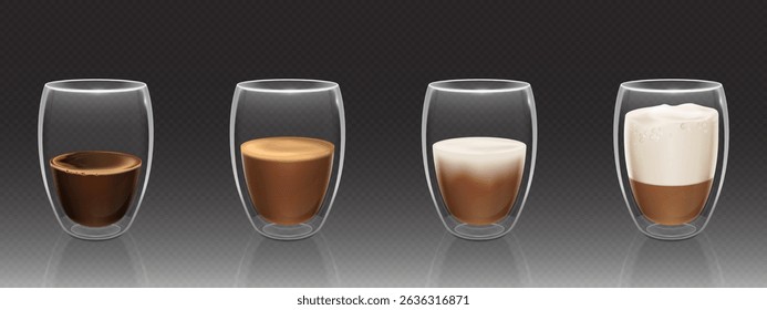 Realistic coffee glasses - transparent cups with hot drink of different types. Cappuccino and latte with foam top, strong espresso shot, creamy beverage surface. Brewing caffeinated liquid serving.