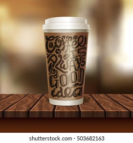 Realistic coffee to go cup composition with paper cup of coffee on the wooden table vector illustration