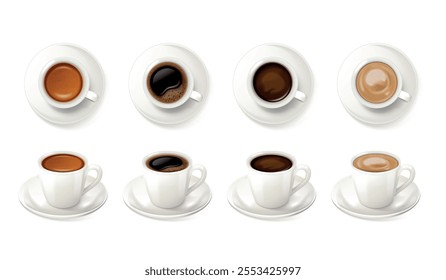 Realistic coffee mugs. Aroma morning coffe cups mock up with caffeine espresso cappuccino latte, porcelain mug hot drink top side view, 3d cafe break set exact vector illustration original artwork