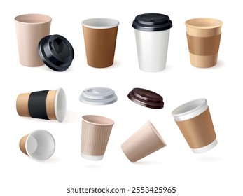 Realistic coffee paper cup. Caffeine drink or tea disposable mug, cardboard cups holder hot espresso craft plastic takeaway to go package mockup template, exact vector illustration original artwork