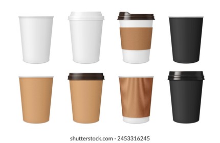 Realistic coffee paper cup and mug mockups, cardboard and plastic package with lids, isolated vector. Disposable coffee cups and mugs for hot drinks and sip lids from white, brown and black paper