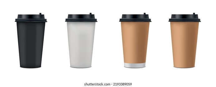 Realistic Coffee Paper Cup Set With Lid - Vector Illustrations Isolated On White Background