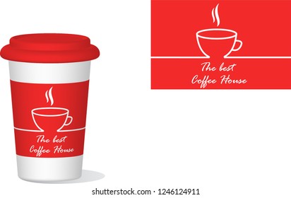 Realistic coffee paper cup vector with coffee cup icon. Red lid and red cup with white logo