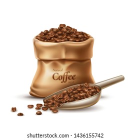 Realistic coffee sack with scoop full of roasted beans. Coffee bag for natural beverage product vector design. Brown seeds for morning breakfast aroma drink.