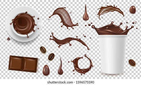 Realistic coffee set. Drink splashes, coffee beans and take away cup, chocolate isolated on transparent background vector elements