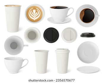 Realistic coffee set. Espresso 3d cup and americano takeaway paper mug. Isolated cappuccino, white plate and plastic lids, pithy vector mockup