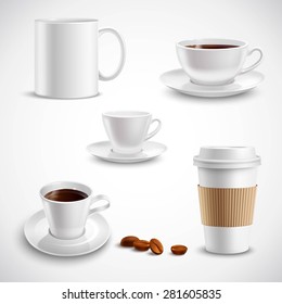 Realistic coffee set with paper cup china mug porcelain saucer isolated vector illustration