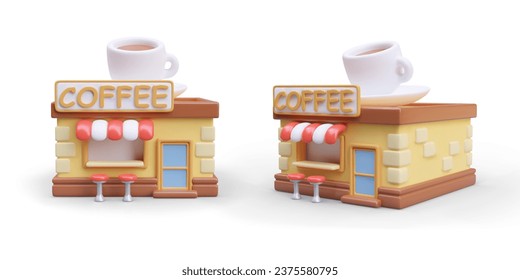 Realistic coffee shop building, view from different sides. House with giant cup on roof. Color set for advertising. Isolated vector image in cartoon style