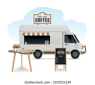 Realistic coffee shop food truck template with table and menu board vector illustration