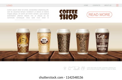 Realistic coffee shop web page template with paper and plastic cups of hot drink on wooden counter vector illustration