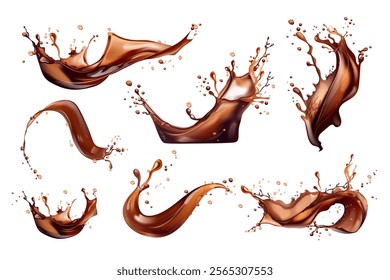 Realistic coffee splashes. Brown water liquid splash, cacao fluid spill choco or whiskey cola soda pouring splatter hot drinks splashing, 3d set isolated exact vector illustration original artwork