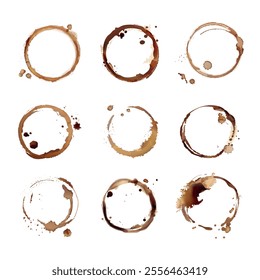 Realistic coffee stains. Cafe beverage cup ring splash circle stamps, dirty liquid watercolor mark mug wet stained spot caffeine splatter tea ring drip, exact vector illustration original artwork