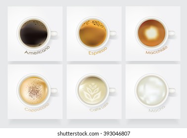 Realistic coffee vector icon set. Caffe Americano, Espresso, Macchiato, Cappuccino, Caffe Latte and Mocha isolated on light background in white ceramic mugs. Top view perspective