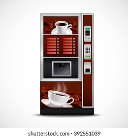 Realistic coffee vending machine with cups saucers and roasted grains on white background isolated vector illustration