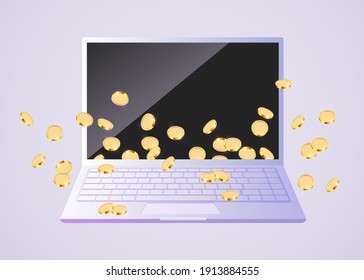 realistic coins fall out of the laptop. Vector illustration modern style 