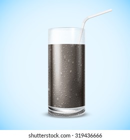 Realistic Cola Glass with dew on blue background 