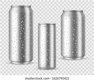 Realistic cold cans. Silver or aluminium metal wet blank energy drink and beer cans with droplets vector packaging canned mockups