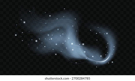 Realistic cold winter breeze texture with glowing white swirls, luminous sparkles, and snow particles. Holiday blizzard effect vector illustration and fresh icy wind spray.
