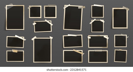 Realistic collage of vintage photos attached to album page with sticky tape. Vector illustration of square and rectangular blank paper photographs in white frames isolated on transparent background