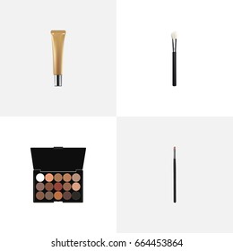 Realistic Collagen Tube, Powder Blush, Multicolored Palette And Other Vector Elements. Set Of Cosmetics Realistic Symbols Also Includes Brow, Contour, Cream Objects.