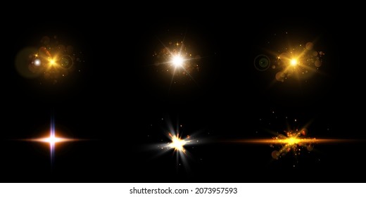 Realistic collection of bright light effects, sparkling stars on a transparent background. Vector