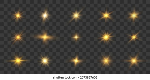 Realistic collection of bright light effects, sparkling stars on a transparent background. Vector