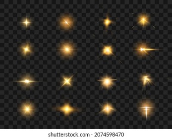 Realistic collection of bright light effects, sparkling stars on a transparent background. Vector