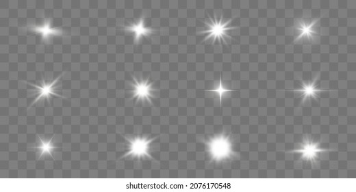  Realistic collection of bright light effects, sparkling stars on a transparent background. Vector