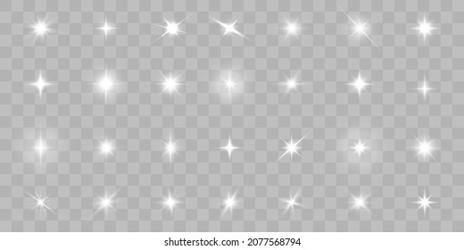 Realistic collection of bright light effects, sparkling stars on transparent background for vector illustrations.	